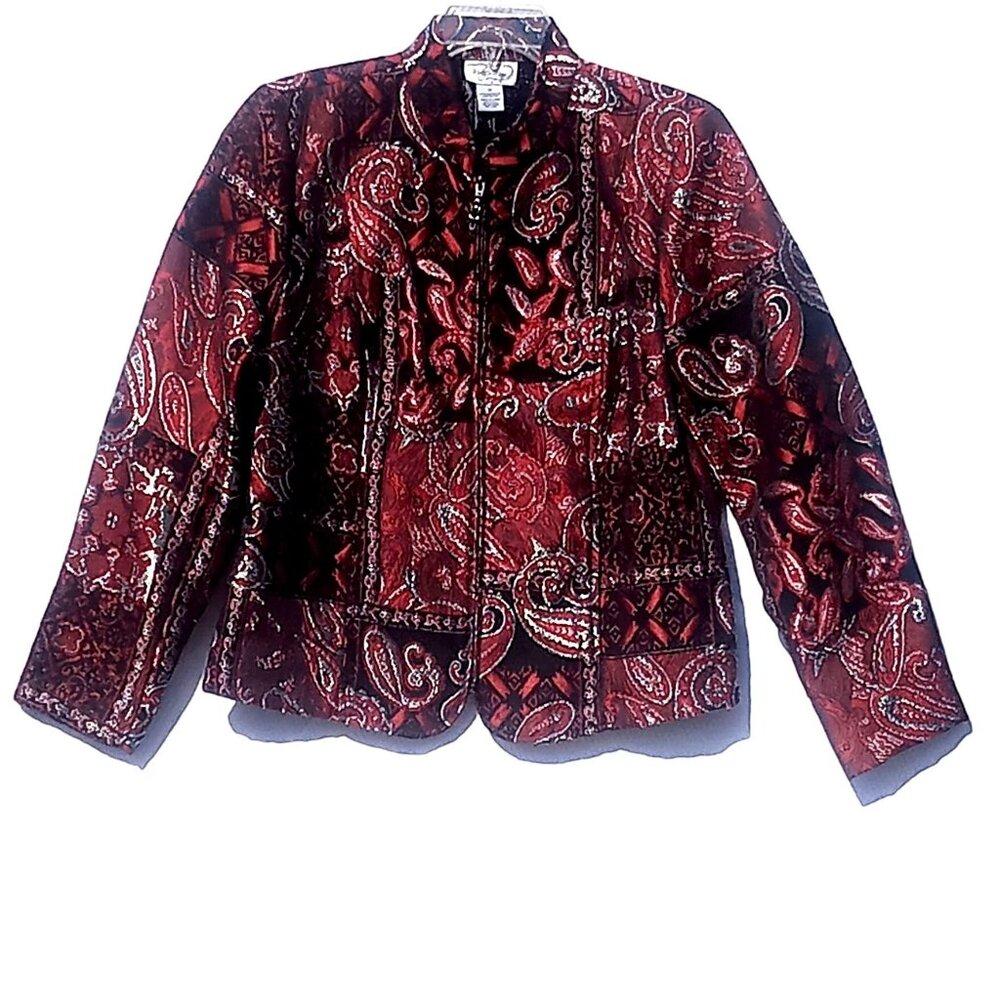 Molly & Maxx Women's Medium Jacket Red Silver Black Paisley Zip Blazer Jacket